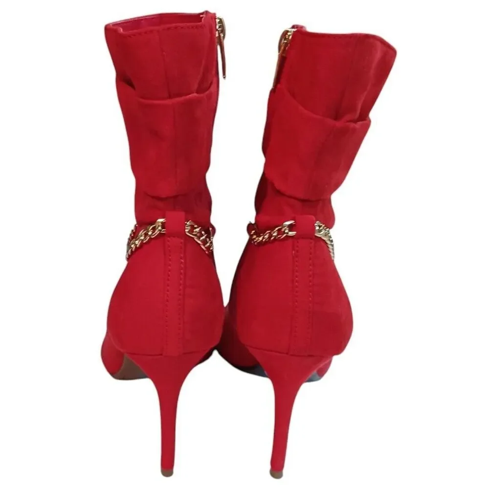 NWOT Marc Fisher 8.5 Red Femme Fatale Suede Ankle Booties Gold Chain Stiletto